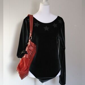 PINK Victoria's Secret Black/green  Velvet Long Sleeve Bodysuit with Star Detail